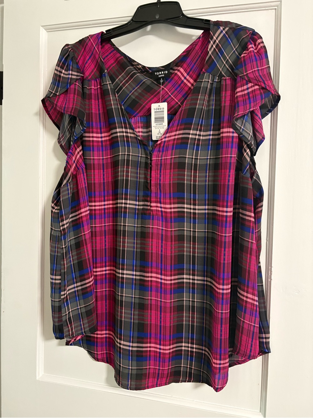 torrid Harper Pink and Blue Plaid Ruffle Sleeve V-Neck Blouse - NWT